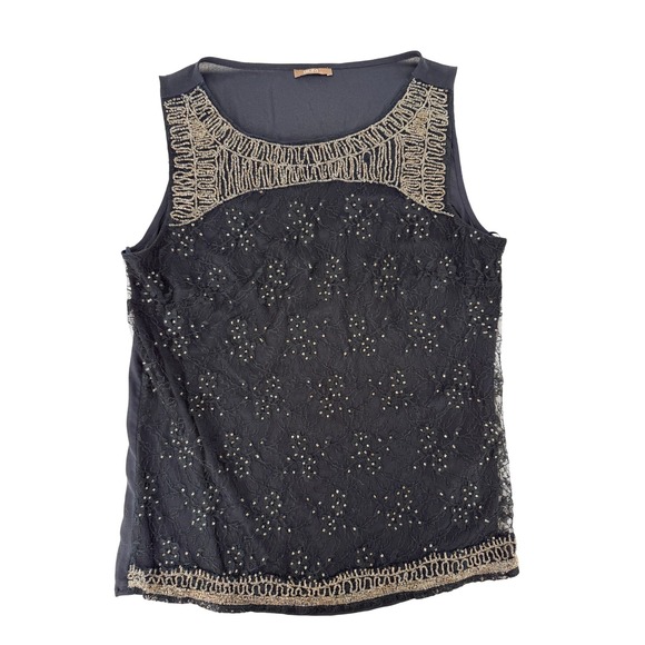 Grain de Malice Tops - Grain de Malice GDM Navy Y2K Lace Beaded Sleeveless Top Gold Embroidery Sz 36